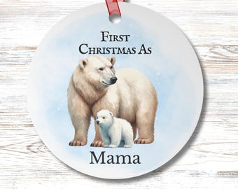 Personalized Polar Bear First Christmas Ornament Custom Name Mom Mama Sister Aunt Grandma Nanna Coastal Holiday Round Christmas Gift
