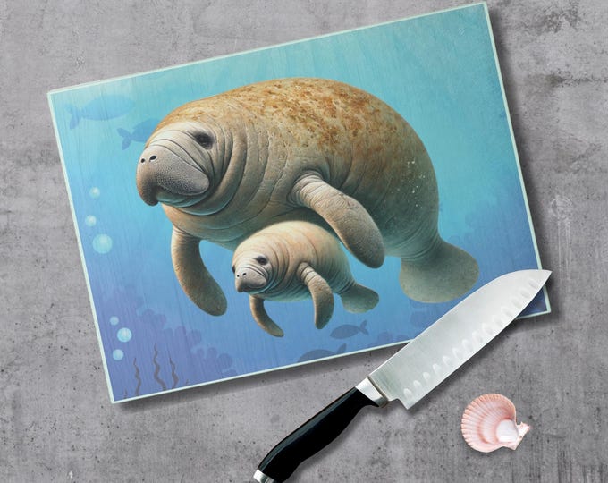 Manatee Cutting Board Textured Glass Florida Spring Kitchen Decor Coastal Home Gift Beach Housewarming Manatee Lover Sea Life Art Nautical
