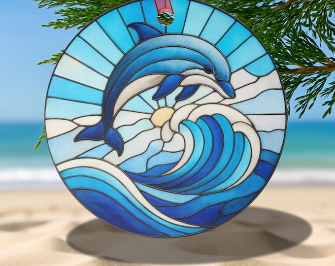 Jumping Dolphin Double-Sided Ornament | Glossy Aluminum with Red Ribbon | Suncatcher-Inspired Ocean Wave Coastal Gift