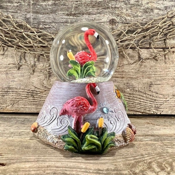 Large Hand-Painted Pink Flamingo On Tropical Beach Resin and Glass Water Globe