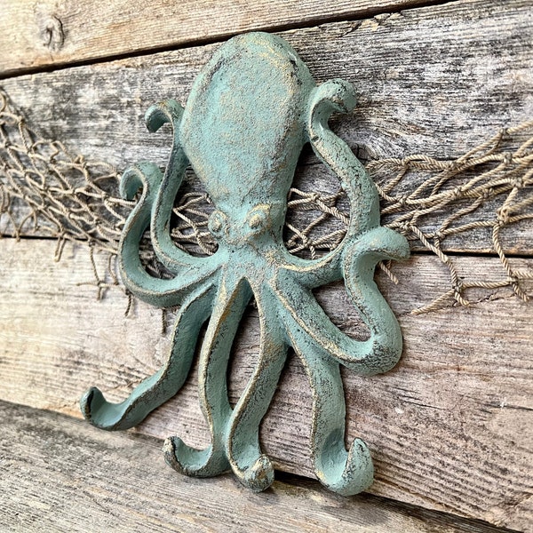 Distressed Finish Green Patinated Brass-Look  Cast Iron Octopus 4-Prong Wall Hook