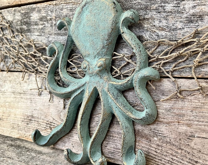 Distressed Finish Green Patinated Brass-Look  Cast Iron Octopus 4-Prong Wall Hook