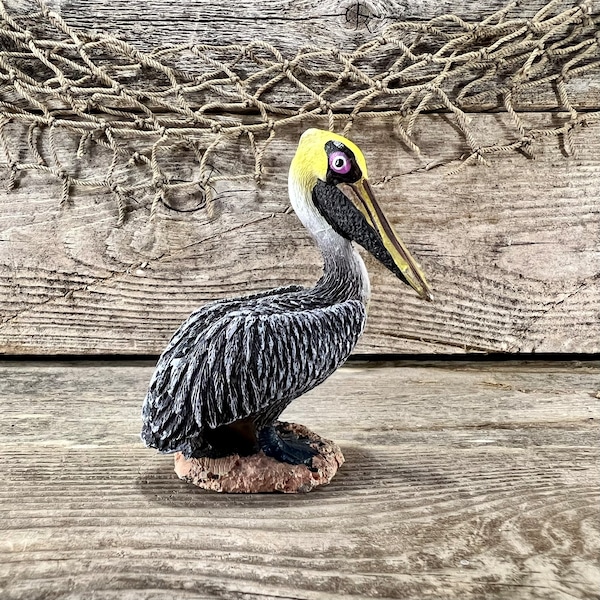 Miniature Hand-Painted Resin Brown Pelican On Beach Statuette