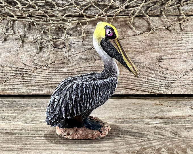 Miniature Hand-Painted Resin Brown Pelican On Beach Statuette