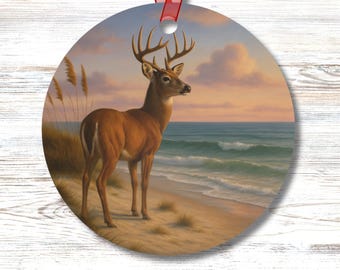 Whitetail Deer Buck Ornament Beach Scene Double Sided Coastal Wildlife Decor Ocean Shore Nature Gift for Him or Her