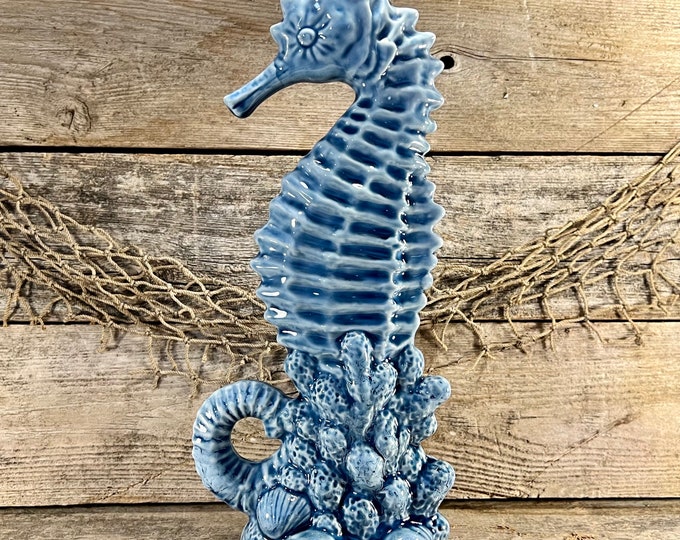 Beautifully Detailed Seahorse On Coral with Seashells Blue Glazed Porcelain Tabletop Statue
