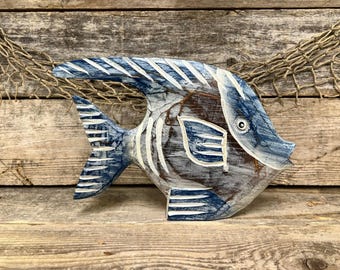 Hand Carved Wooden Angelfish Statue: Rustic Coastal Decor