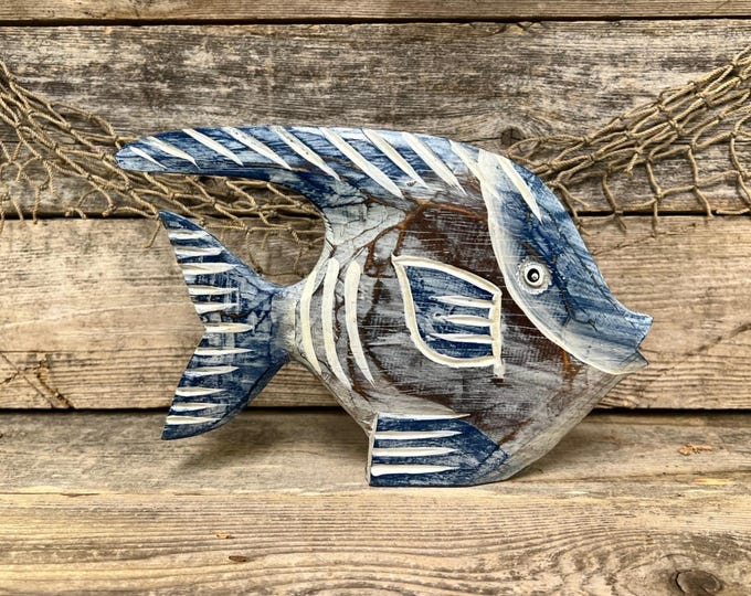 Hand Carved Wooden Angelfish Statue: Rustic Coastal Decor