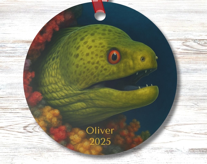 Personalized Moray Eel Christmas Ornament Ocean Sea Life Decor Double Sided Metal Tree Gift for Him Diver Coastal Unique Underwater Art