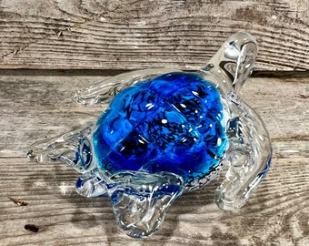 Handblown Glass Crystal Clear Sea Turtle with Blue Swirl Tortoise Shell Figurine and Paperweight