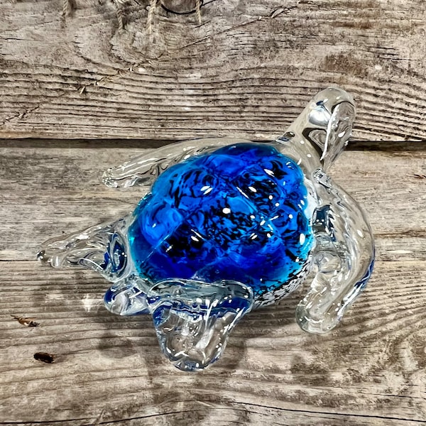 Handblown Glass Crystal Clear Sea Turtle with Blue Swirl Tortoise Shell Figurine and Paperweight