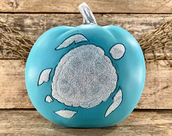 Blue-Green Resin Coastal Pumpkin with Hand-Painted Glittery White  Sea Turtle Relief Carving and Platinum Stem Sculpture
