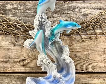 Resin Bottlenose Dolphin Trio Riding Sparkling Ocean Waves Statue