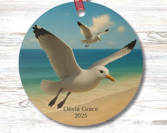 Serene Beach Seagull Metal Ornaments, Coastal Decor, Personalized Holiday Gift, Beach Lover's Keepsake, Nature Theme Ornament