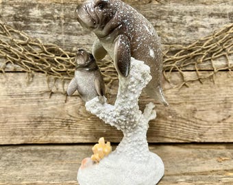 Realistic Florida Manatee On Coral Reef with Sea Anemone and Seashell Stand Polyresin Tabletop Statue