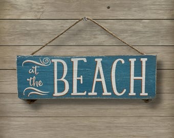 At The Beach Wall Sign Hand Painted Coastal Decor Distressed Beach House Wall Art Jute Hanger Nautical Home Accent Gift for Beach Lovers
