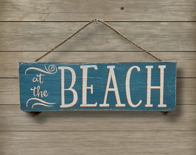 At The Beach Wall Sign Hand Painted Coastal Decor Distressed Beach House Wall Art Jute Hanger Nautical Home Accent Gift for Beach Lovers