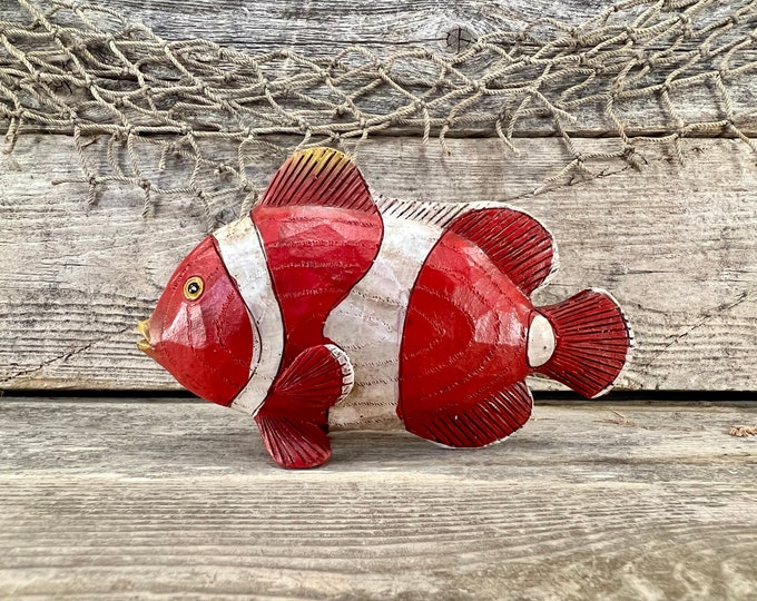 Clown Fish Tabletop Figurine; Hand-Painted, Wood-Look Resin