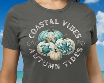 Coastal Vibes Autumn Tides T-Shirt Teal Cream Pumpkins Octopus Starfish Sea Turtle Soft Comfy Tee Gift for Her Coastal Fall Beach Life