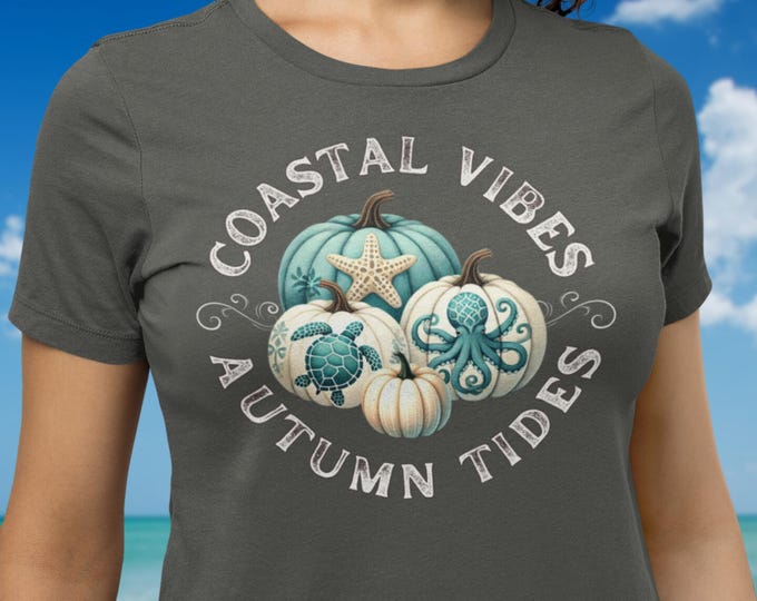 Coastal Vibes Autumn Tides T-Shirt Teal Cream Pumpkins Octopus Starfish Sea Turtle Soft Comfy Tee Gift for Her Coastal Fall Beach Life