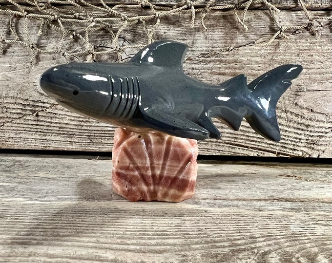 Gray Great White Shark Handcrafted Marble Stone Figurine On Natural Marble Base