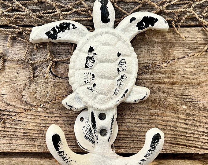 White Distressed Cast Iron Sea Turtle Two-Prong Wall Hook