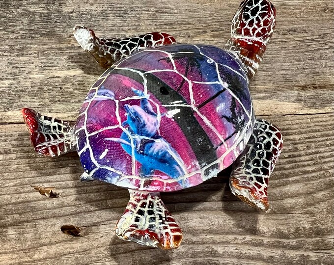 Purple Sea Turtle Figurine with Colorful Tropical Palms and Dolphins Shell Design