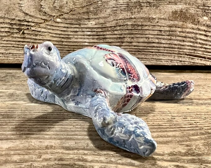 Baby Blue Sea Turtle Figurine with Sublimated Sea Life Shell Design