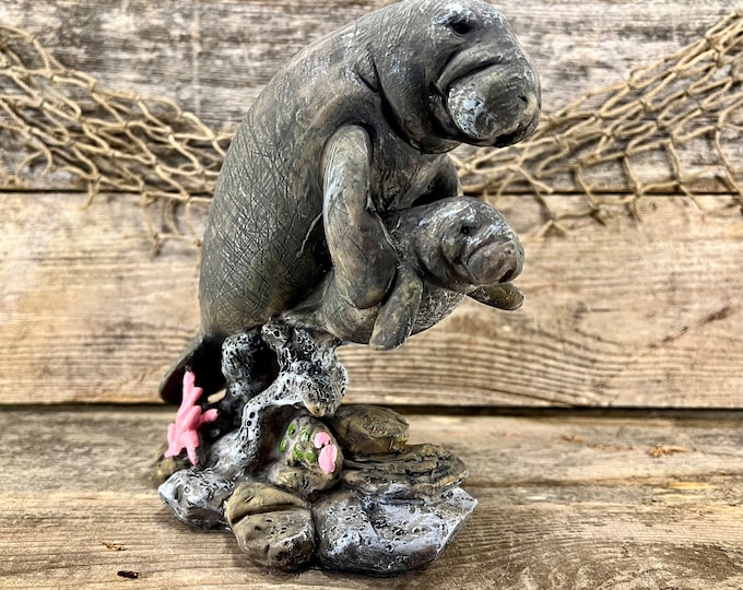 Realistic Hand-Painted Resin Mother and Baby Manatee on River Rocks Tabletop Statue