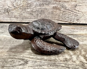 Rustic Brown Cast Iron Sea Turtle Desktop Figurine and Paperweight