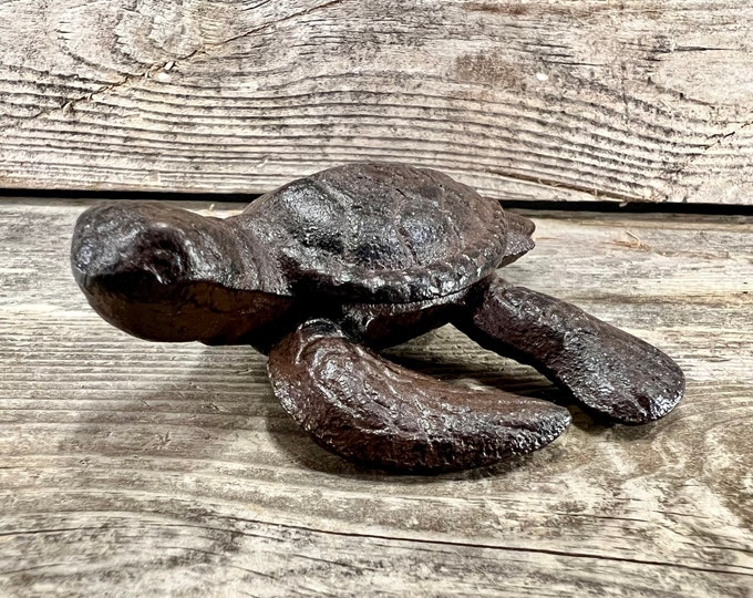 Rustic Brown Cast Iron Sea Turtle Desktop Figurine and Paperweight