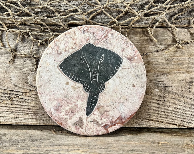 Handmade Marble Coaster with Inlaid Marble Stingray Design and Cork Backer