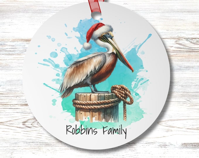 Personalized Pelican Santa Christmas Ornament Custom Name Coastal Holiday Sea Life Ocean Sea Bird Round Christmas Gift for Beach Lovers