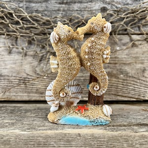 Resin Sand and Seashells Seahorse Couple On Piling w/ Starfish and Ocean Wave Statuette