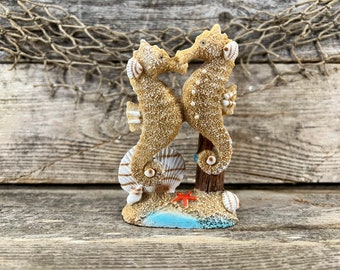 Resin Sand and Seashells Seahorse Couple On Piling w/ Starfish and Ocean Wave Statuette