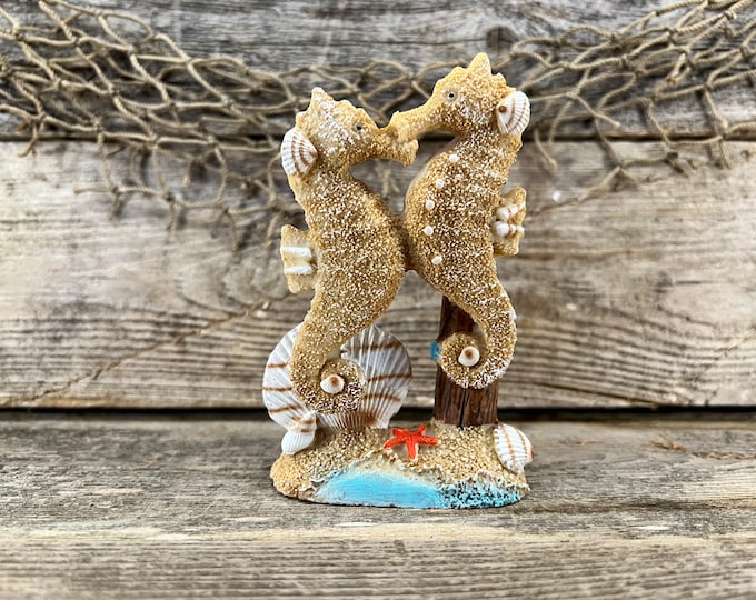 Resin Sand and Seashells Seahorse Couple On Piling w/ Starfish and Ocean Wave Statuette