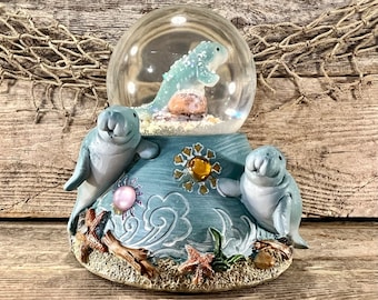 Large Hand-Painted Exploring Manatee Family On River Bottom Resin and Glass Water Globe