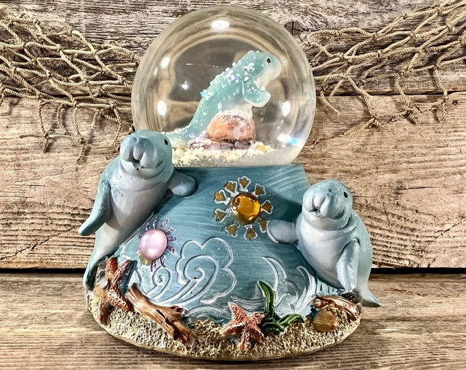 Large Hand-Painted Exploring Manatee Family On River Bottom Resin and Glass Water Globe