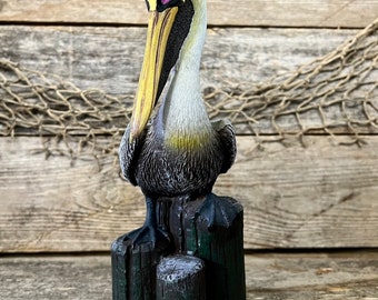 Brown Pelican on Pilings Resin Tabletop Statue Coastal Beach House Decor