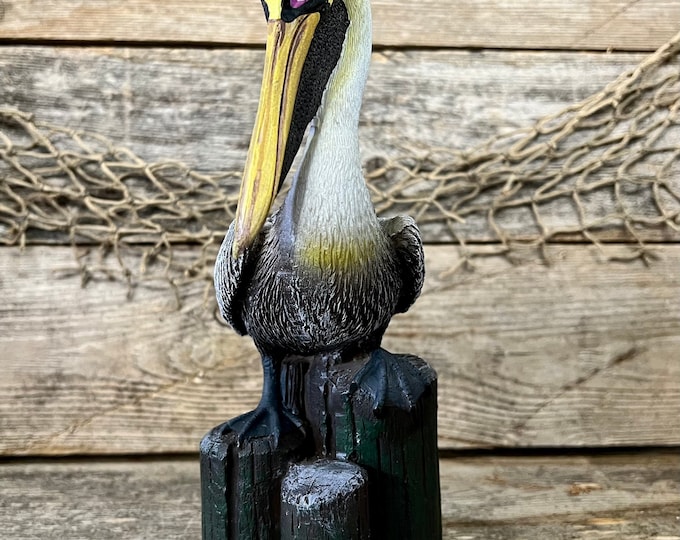 Brown Pelican on Pilings Resin Tabletop Statue Coastal Beach House Decor