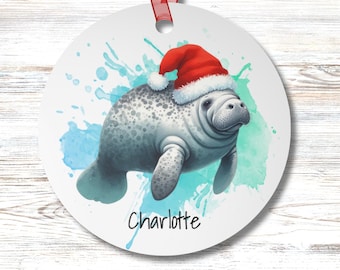 Personalized Manatee Santa Ornament: Coastal Christmas Keepsake