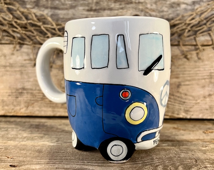 Whimsical 12 Oz. Hand-Painted Blue and White Glazed Ceramic “Peace” Hippy Bus Coffee Mug