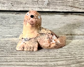 Miniature Hand-Carved, Hand-Painted Beige Marble Harbor Seal Figurine