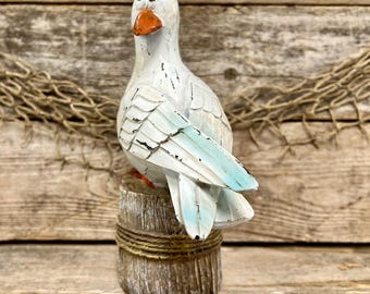 Silly Seagull Figurine on Piling 7 Inch Hand Painted Resin Nautical Tabletop Decor Coastal Beach House Accent Wood Look Rope Embellished