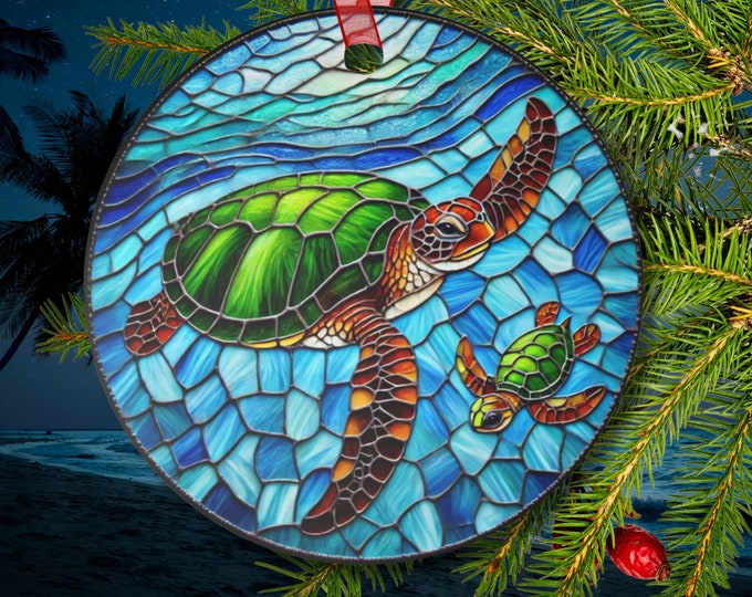 Suncatcher-Inspired Green Sea Turtle Mother and Baby Ornament Ocean Decor Gift for Turtle Lovers Round Metal Decoration