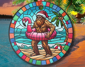 Santa Bigfoot Ornament: Tropical Christmas Sasquatch with Flamingo