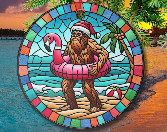 Santa Bigfoot Ornament: Tropical Christmas Sasquatch with Flamingo