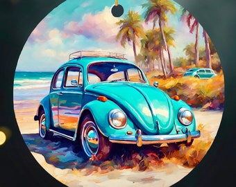 Retro Blue Beetle Car Beachside Ornament – A Compact Treasure for Classic Car Enthusiasts and Beach Lovers