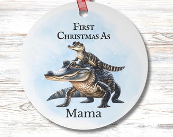 Personalized First Christmas Mom Mama Auntie Nanna Ornament Alligator Custom Name Coastal Holiday Round Christmas Gift for Beach Lovers