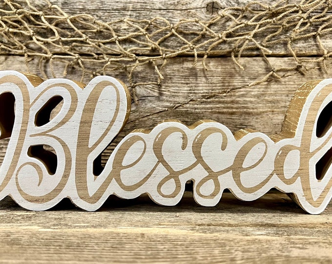 Chunky Coastal “Blessed” Distressed White Wood Tabletop Block Sign